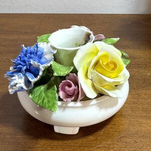Radnor Staffordshire England Candleholder Flowers Bone China Pink Blue Yellow